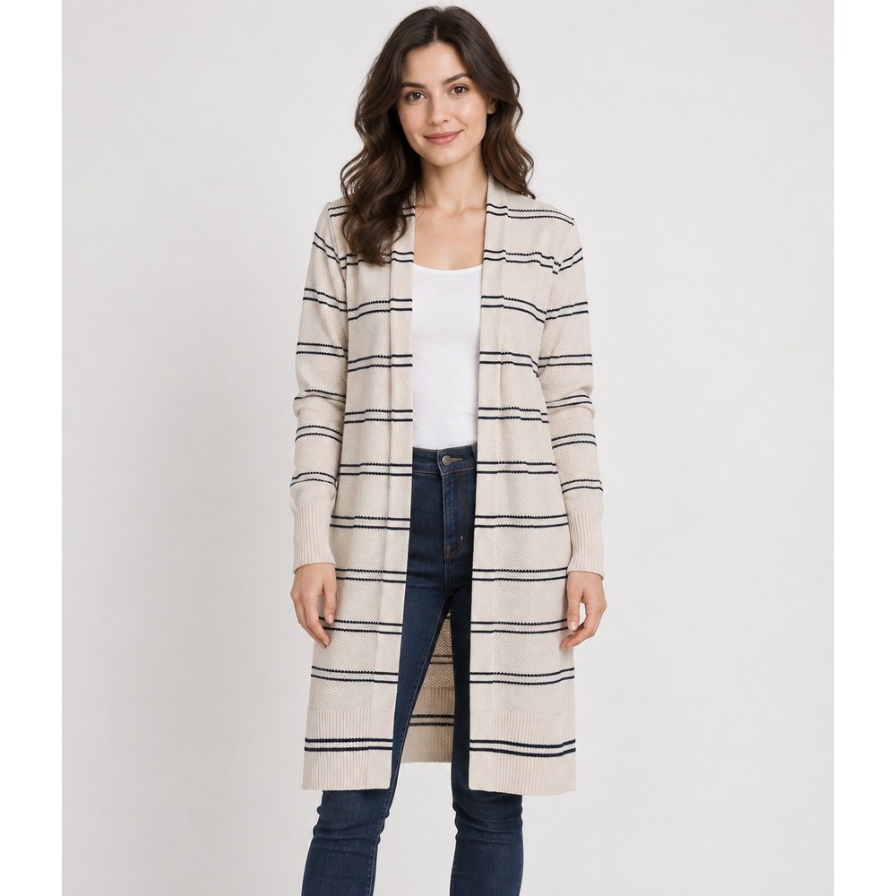 Gap Womens Cream Navy Blue Striped Cotton Longline Open Front Cardigan Small